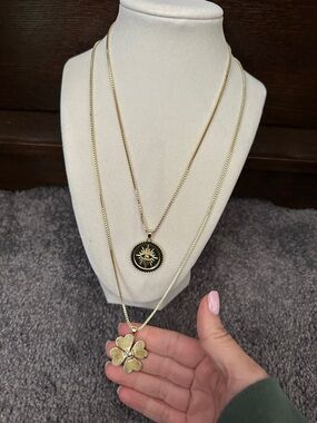 Gold-Tone Layered Necklace Set with Gold Evil Eye and Clover Pendants